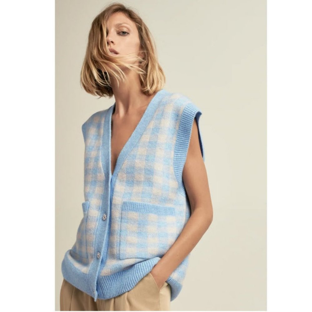 ZARA NEW WOMAN CHECK KNIT VEST RHINESTONE BUTTONS BLUE S